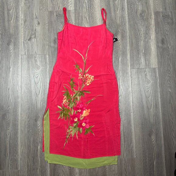 NWT Muse Pink Silk Floral Midi Dress with Green Contrast Size 8 - Picture 1 of 6